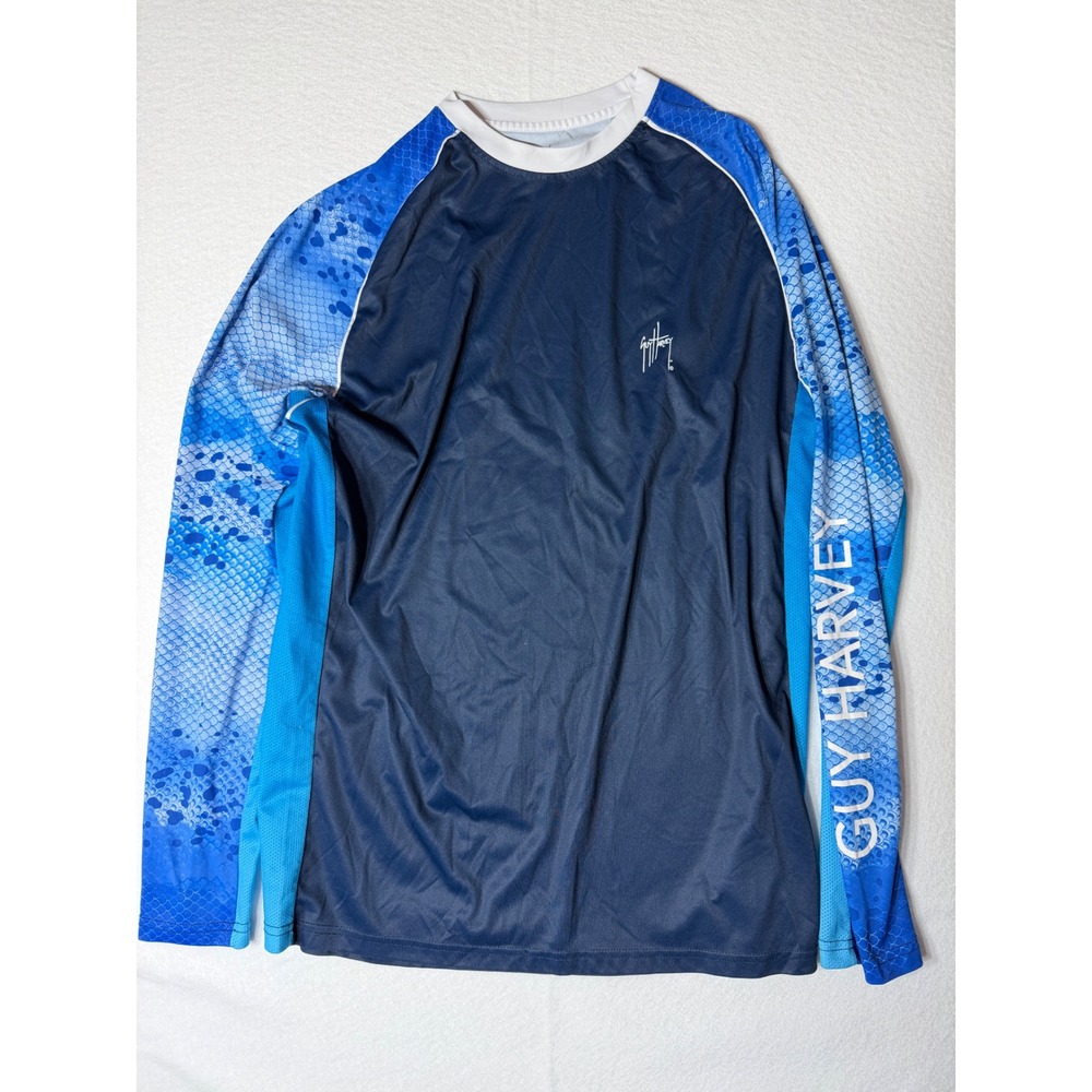 Guy Harvey Men's Long‎ Sleeve Rash Guard Shirt Dolphin Fish Graphic Blue Size LG